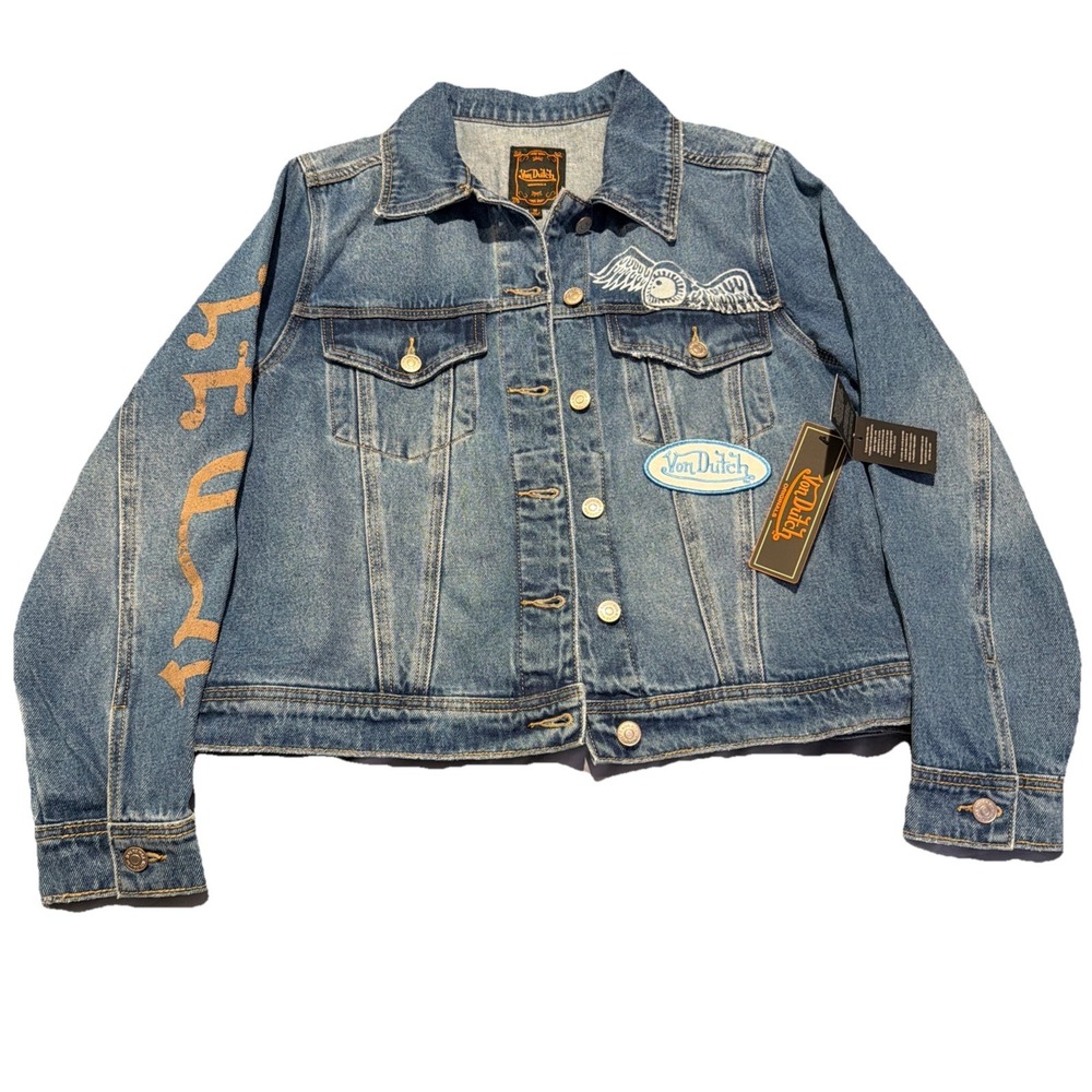 Von Dutch Originals Blue Denim Trucker Jacket Embroidered Logo Flying Eyeball M